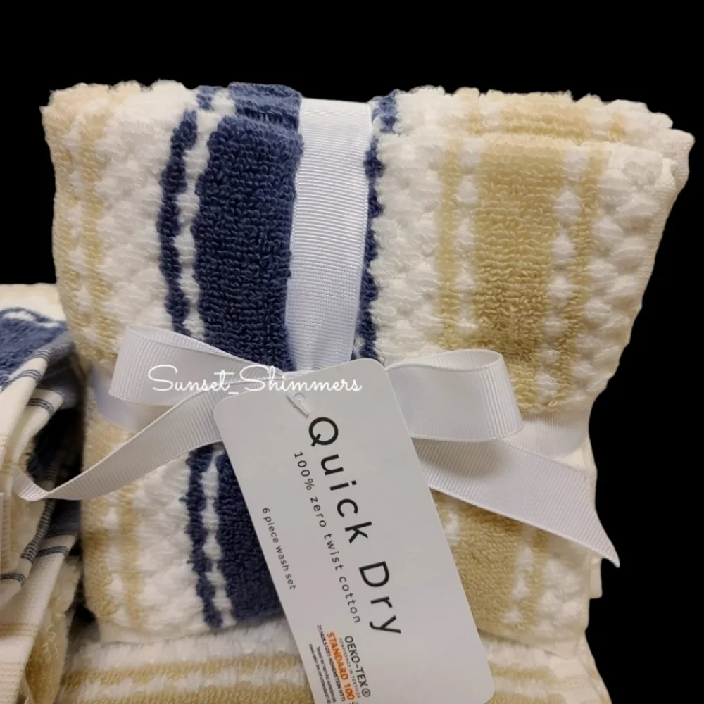 10pc Quick Dry Tan Navy 100% Zero Twist Cotton Bath Hand Washcloth Towel Set